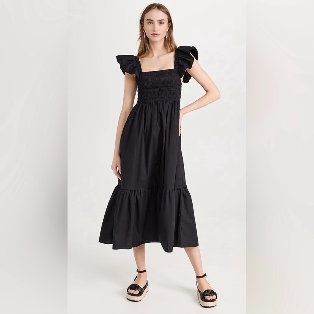 Black Midi Dress with Square Neck and Flutter Cap Sleeves o.p.t
